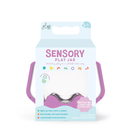 Glo Pals Sensory Play Jar box featuring a purple handle, water-activated lighting, and interactive design.