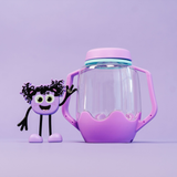 Purple Glo Pals sensory jar next to a purple character toy with black hair waving against a purple background.