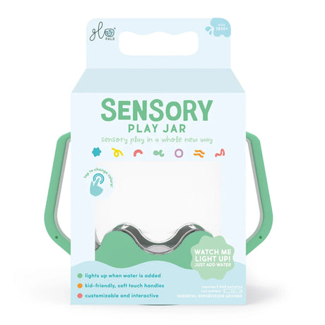 Glo Pals light-blue and green packaging box for a Sensory Play Jar with soft-touch handles.