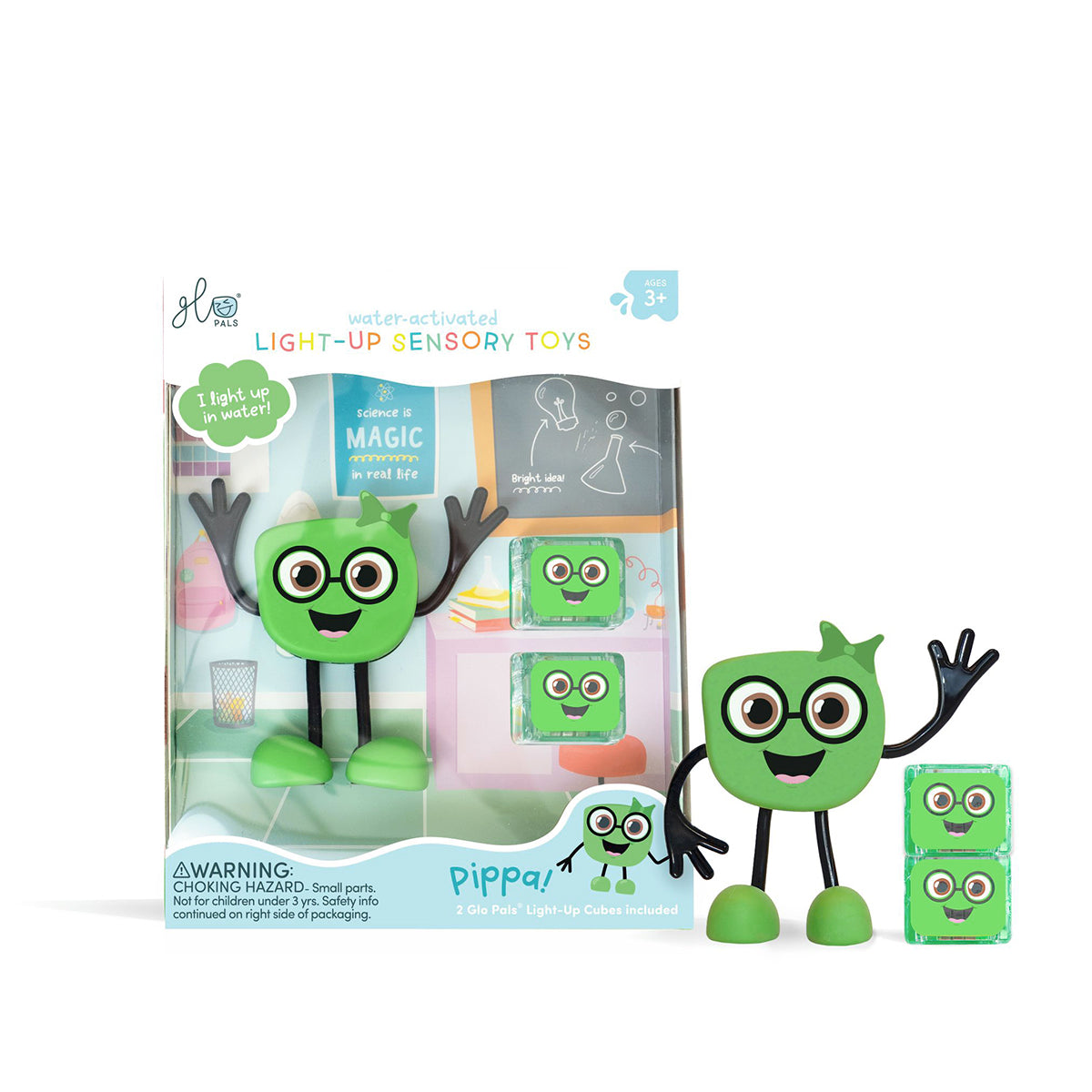 Packaged Glo Pals Pippa character and light-up sensory toy set with two light-up cubes.