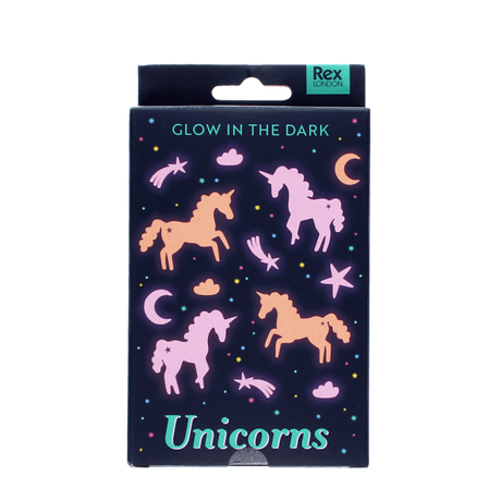 Dark blue box of Rex London glow-in-the-dark unicorn wall stickers with stars and moons.
