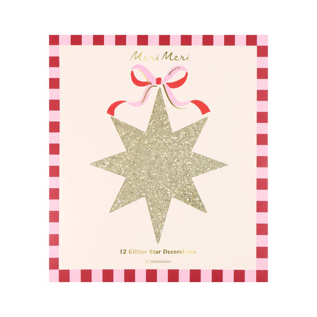 Meri Meri gold glitter star decoration package with a pink bow and red checkered border.