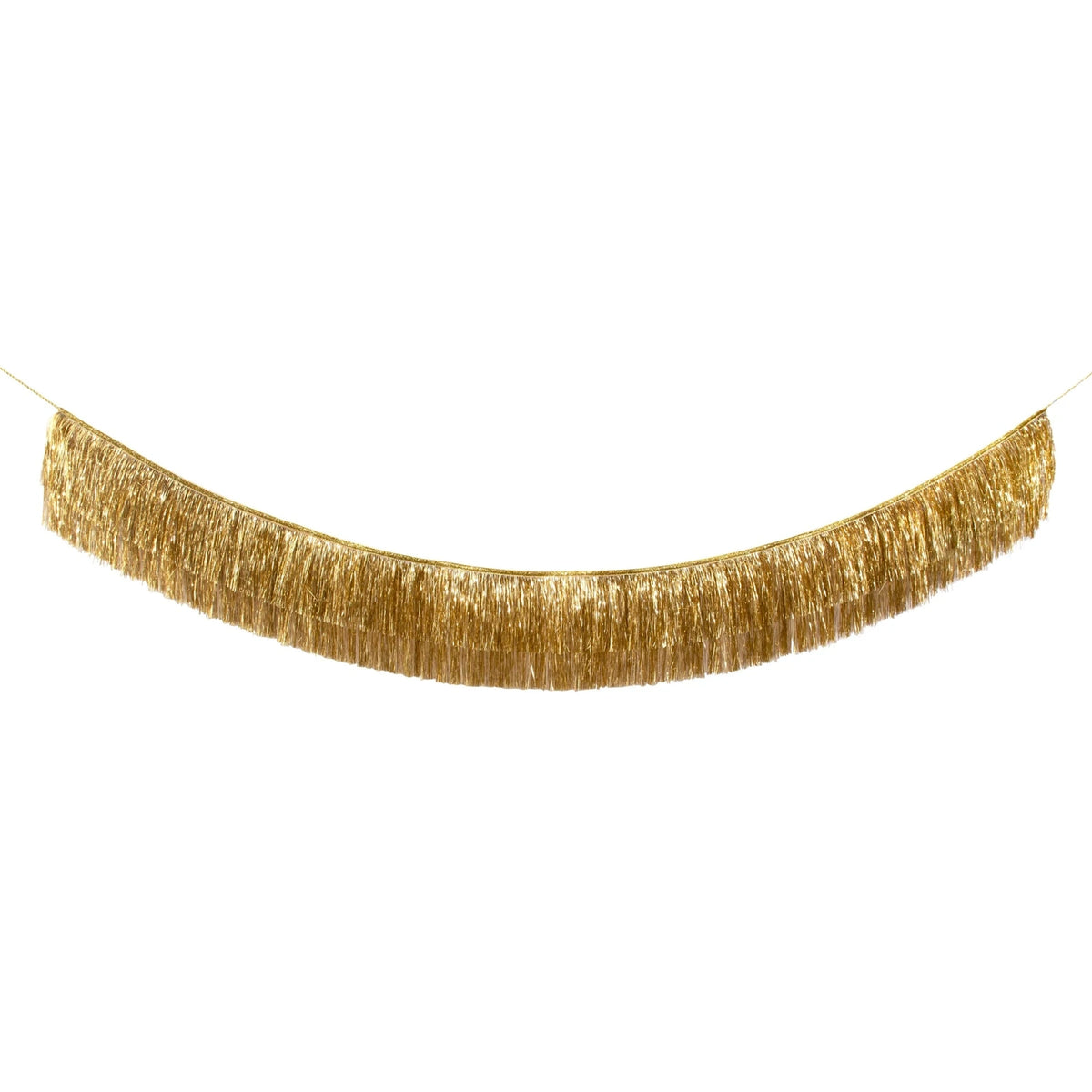 A metallic gold tinsel fringe garland hanging in a gentle arc against a plain white background.
