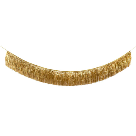 A metallic gold tinsel fringe garland hanging in a gentle arc against a plain white background.