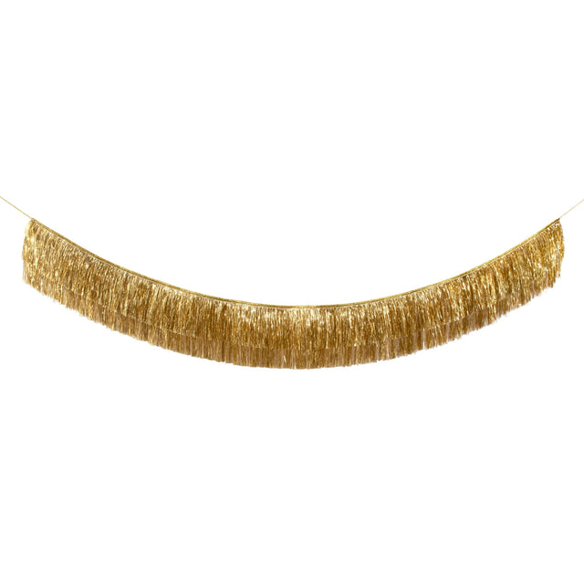 A metallic gold tinsel fringe garland hanging in a gentle arc against a plain white background.