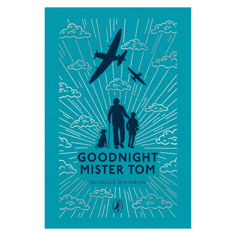 Book cover for 'Goodnight Mister Tom' showing silhouettes of a man, boy, dog, and flying airplanes.