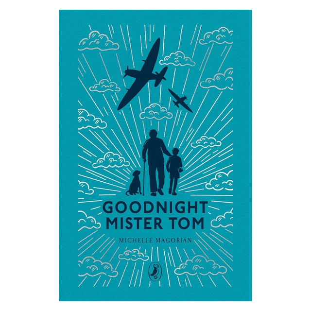 Book cover for 'Goodnight Mister Tom' showing silhouettes of a man, boy, dog, and flying airplanes.