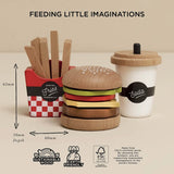 Wooden fast food toy set showing dimensions, sustainable wood icons, and FSC certification details.