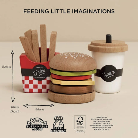 Wooden fast food toy set showing dimensions, sustainable wood icons, and FSC certification details.