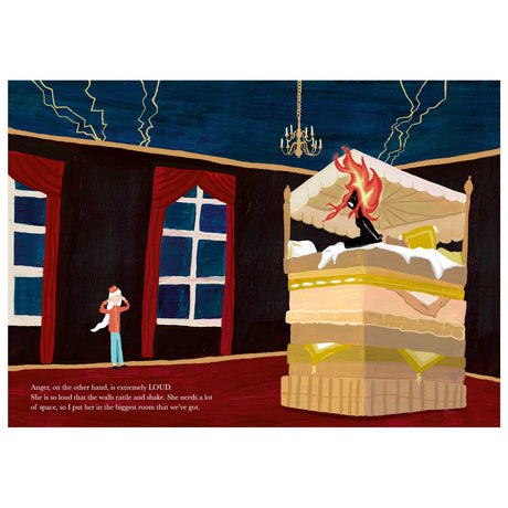 Illustration from The Grand Hotel of Feelings showing a fiery figure representing Anger in a large hotel room.