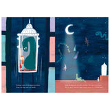 Children's book illustration showing a large green creature in an elevator and various ghost-like figures under a moon.