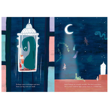 Children's book illustration showing a large green creature in an elevator and various ghost-like figures under a moon.