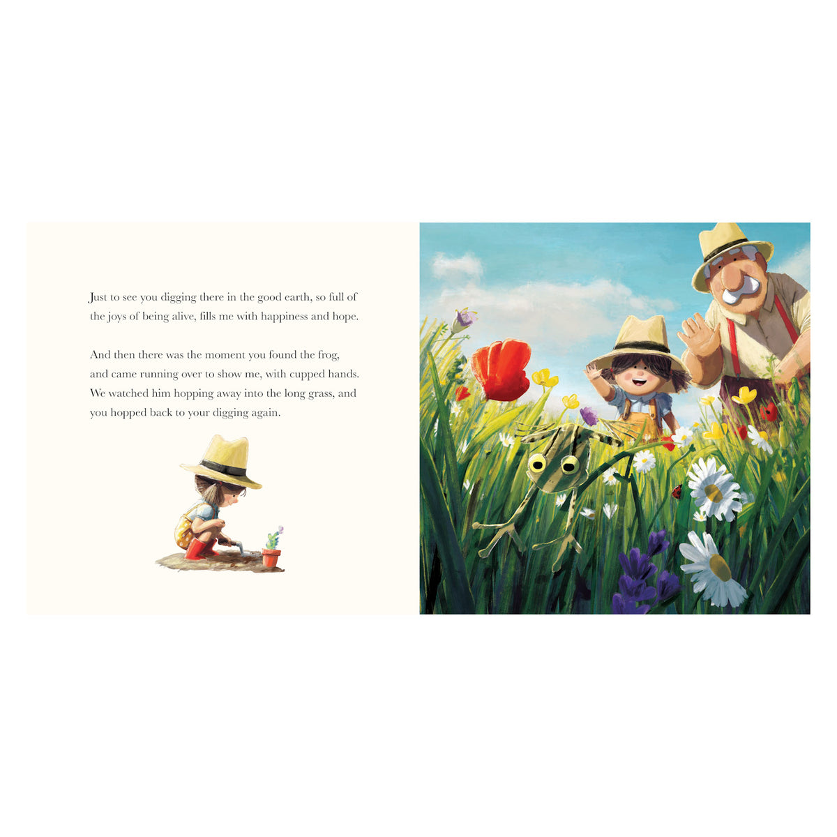 A child and older man enjoy a garden, smiling among tall flowers and a frog on a sunny day. The opposite page has text about happiness and discovery.