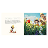 A child and older man enjoy a garden, smiling among tall flowers and a frog on a sunny day. The opposite page has text about happiness and discovery.