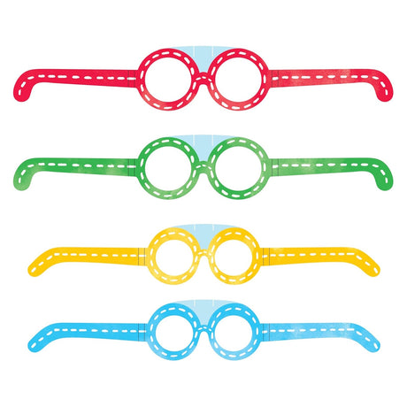 Four pairs of colorful paper glasses in red, green, yellow, and blue lined up vertically.
