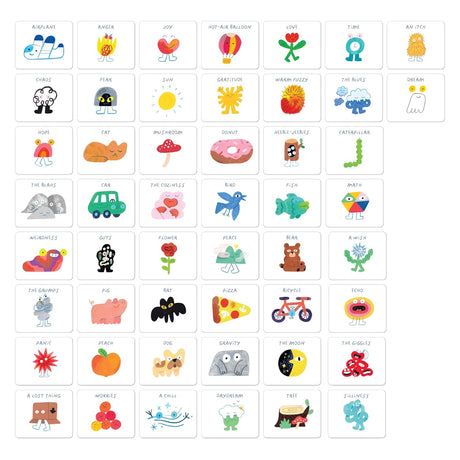 Grid of illustrated cards featuring labeled drawings of various objects, animals, and emotions.