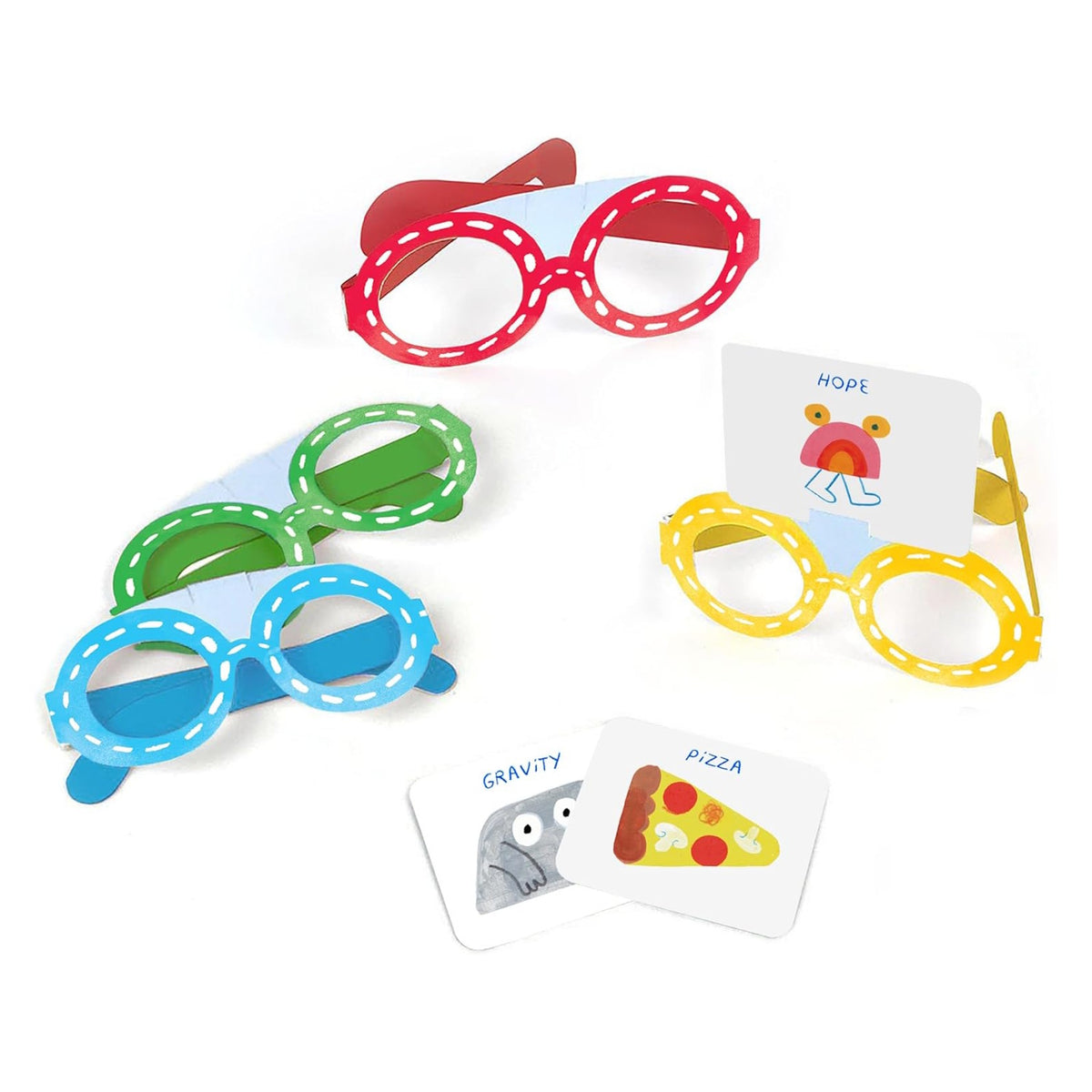 Colorful paper glasses frames and picture cards for a 'What Am I?' guessing game.