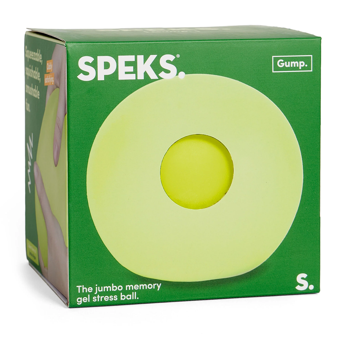 Green box with "SPEKS" branding contains a lime green circular stress ball. Text reads "The jumbo memory gel stress ball." Simple and calming design.