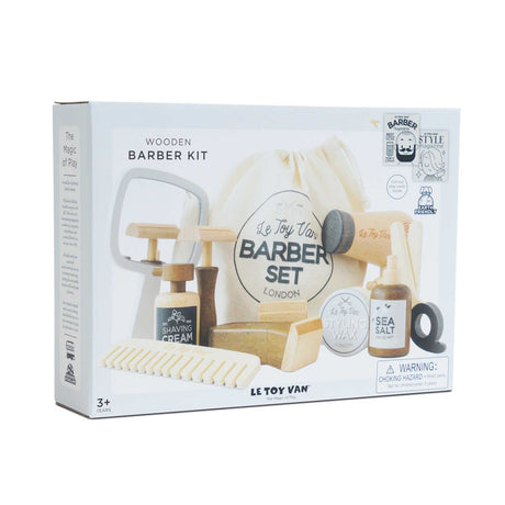 Packaging box for Le Toy Van wooden barber kit featuring product photo and branding details.
