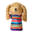 Knitted dog puppet with curly ears, wears a colorful sweater with geometric patterns in orange, blue, pink, and teal, set against a white background.