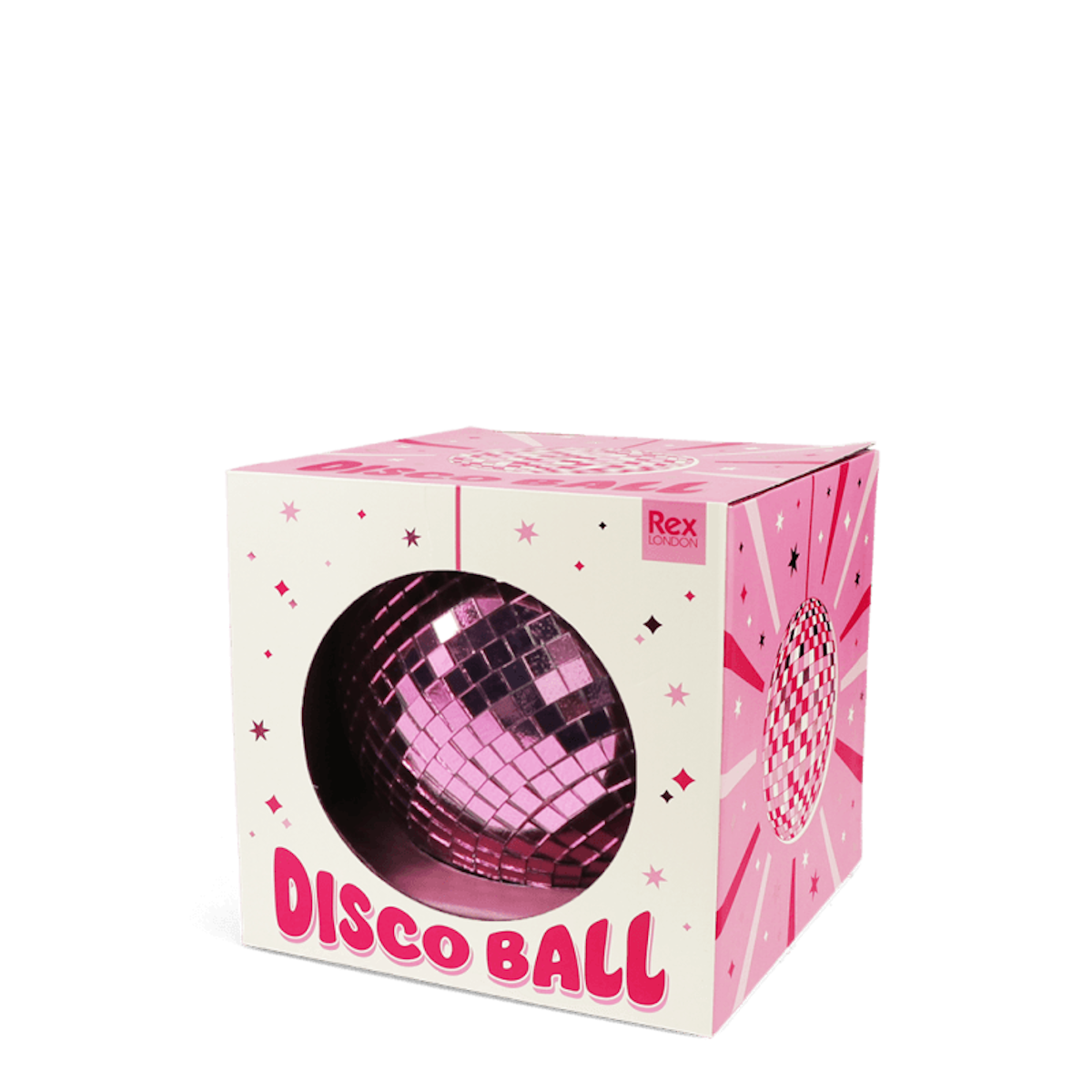 A pink disco ball partially exposed in a colorful box with star patterns, labeled "Disco Ball" and "Rex London," set against a white background.