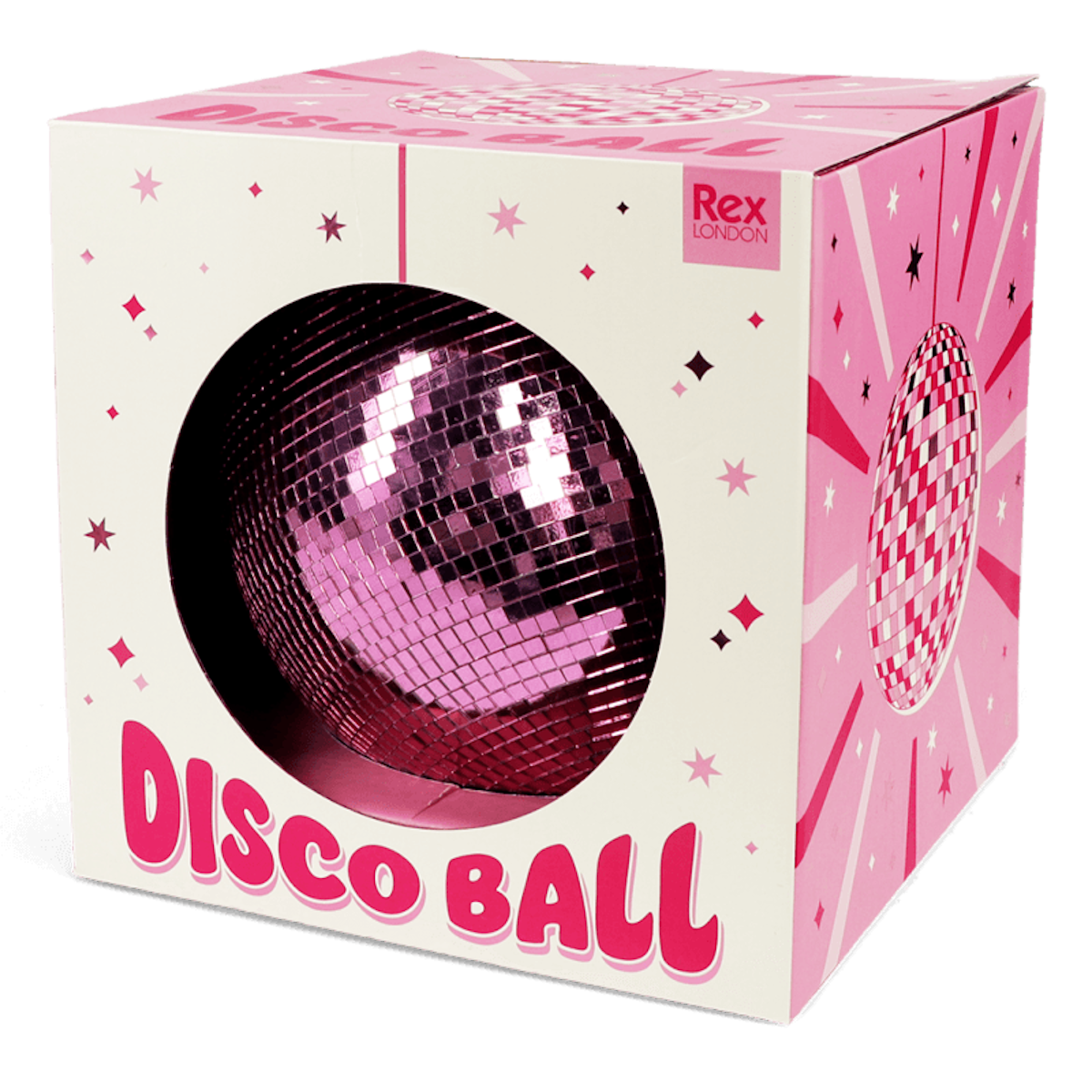 A pink disco ball partially exposed in a colorful box with star patterns, labeled "Disco Ball" and "Rex London," set against a white background.