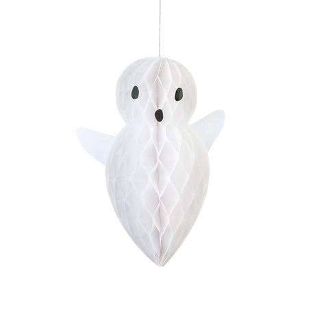 Single white paper honeycomb hanging ghost decoration with a rounded head and side wings.