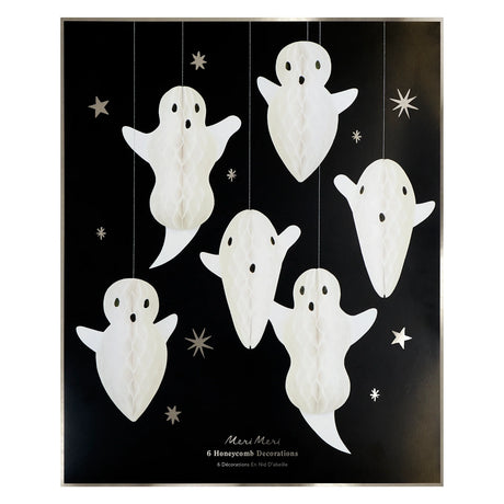 Meri Meri hanging ghost decorations packaging set containing 6 white paper honeycomb ghosts against a star-patterned black backdrop.