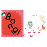 A cartoon duck exclaims "Bang!" against a red starburst. A green rabbit with drooping ears stands nearby, with the text "Classic Hank." Red leaves are scattered on a white background.