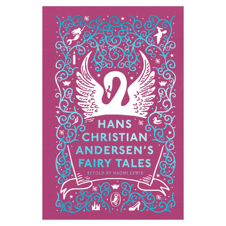 Hans Christian Andersen's Fairy Tales book cover with a white swan, blue filigree, and mermaid on a pink background.