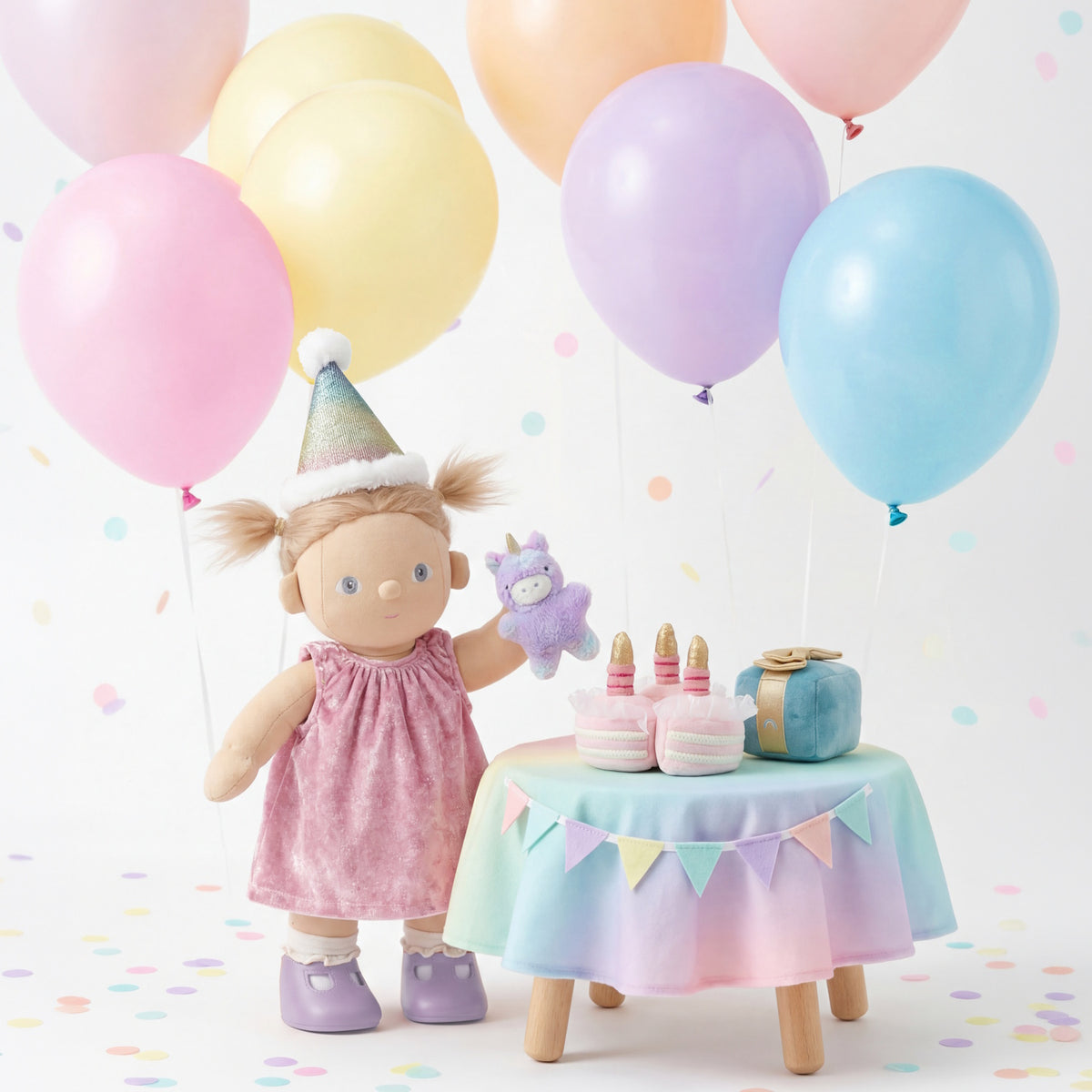 Dinkum Doll in pink dress and party hat celebrating a birthday with balloons, plush cake, and gifts.