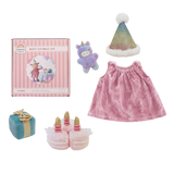 Olli Ella Dinkum Dolls Happy Birthday Set with pink dress, party hat, plush cake, and unicorn.