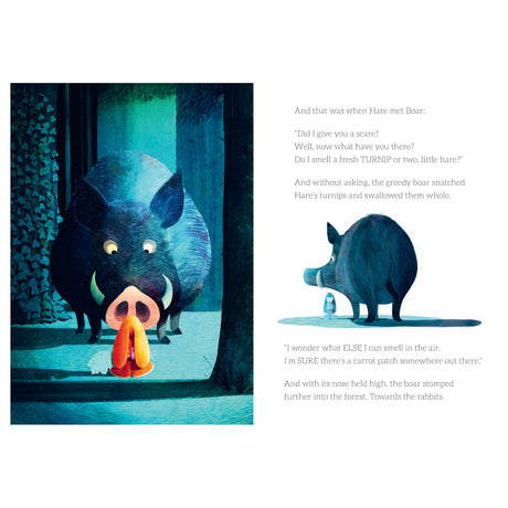 Whimsical illustration of a large blue boar looming over a small hare in a forest from "The Hare Who Wouldn't Share."