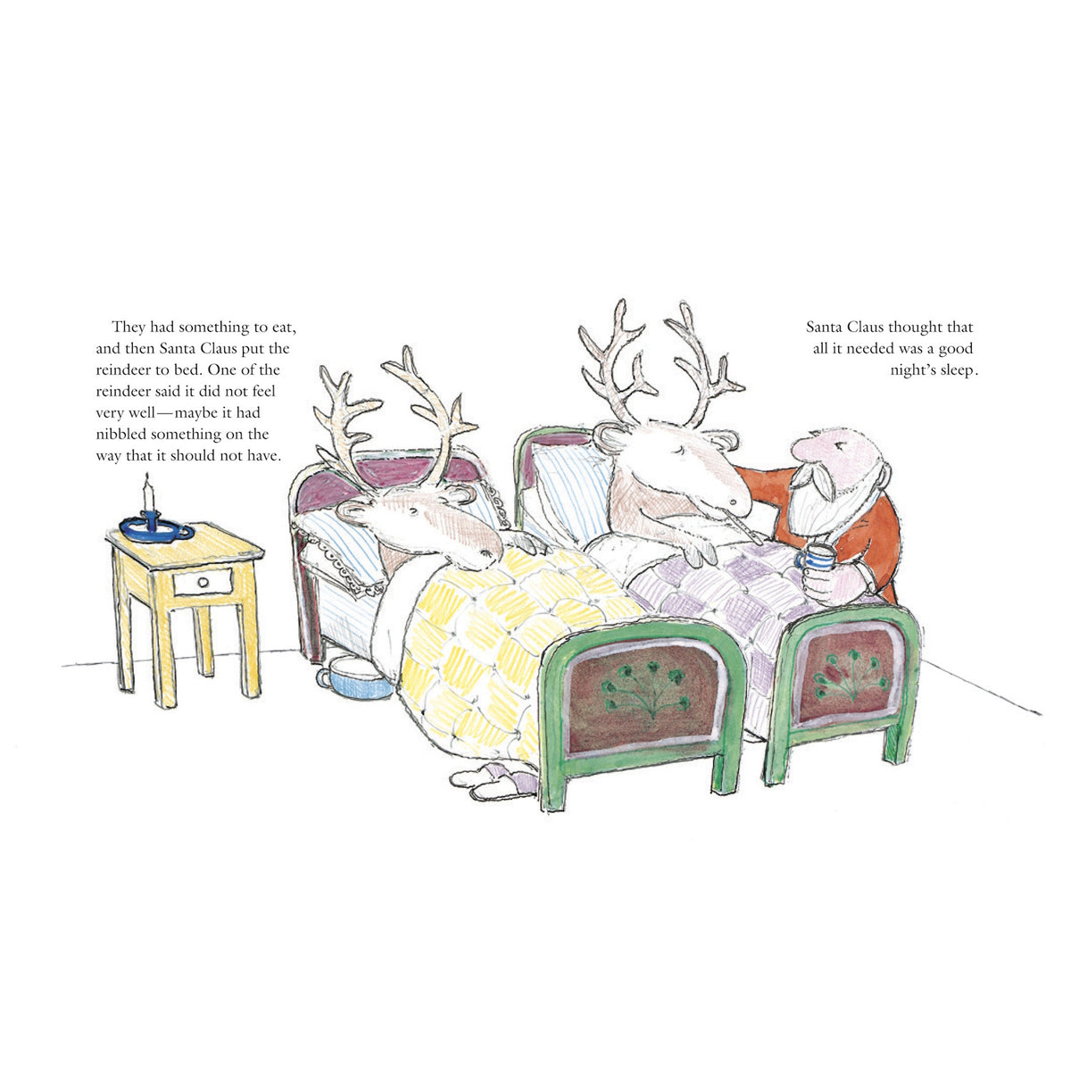 Illustration of Santa Claus tending to two reindeer tucked into beds from a children's book.