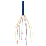 A blue-handled scalp massager with thin, curved metal wires tipped with colored rubber ends extends outward like a whimsical, multi-colored whisk.