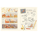 Illustrated pages from Henri & Miko showing a cozy movie night scene with popcorn on the left and a step-by-step "Let's Draw: Miko in Costume" guide on the right.