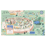 Illustration of ancient Jericho around 8500 BCE. Features include circular walls, houses, farms, a spring, and a tower, set in a desert landscape. Playful and informative tone.
