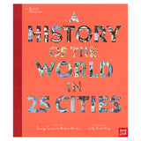 Cover of "A History of the World in 25 Cities" with colorful city illustrations within large text on an orange background, exuding an educational and vibrant tone.