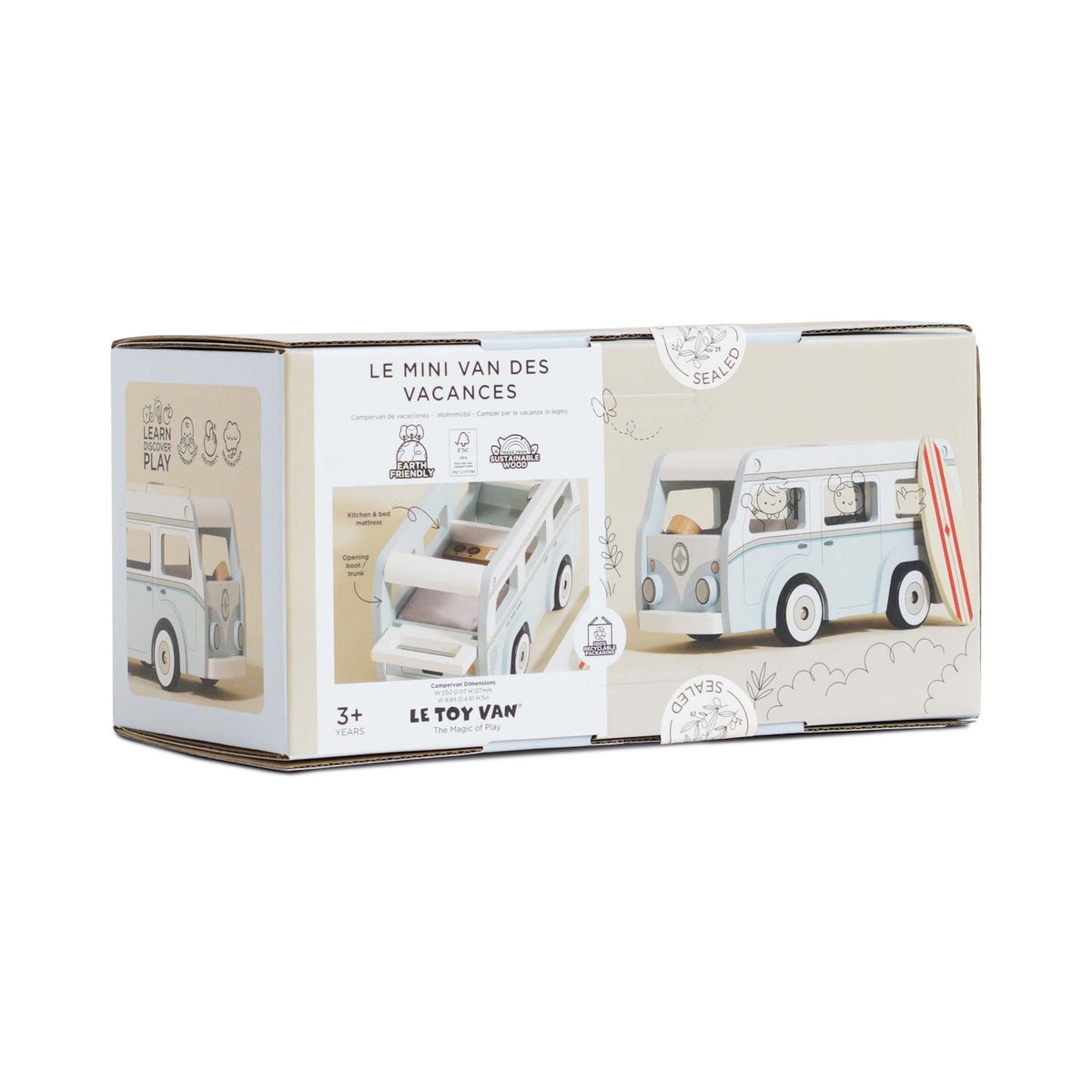 Product packaging box for Le Toy Van wooden camper van toy showing product details and images.