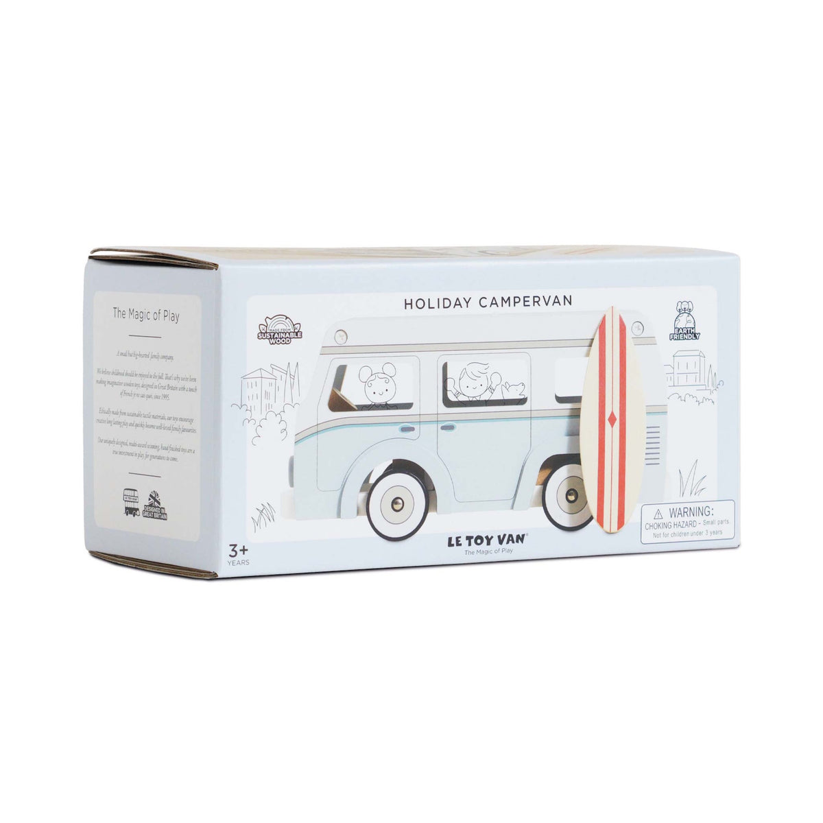 Product packaging box for a light blue toy camper van with a surfboard design on the front.