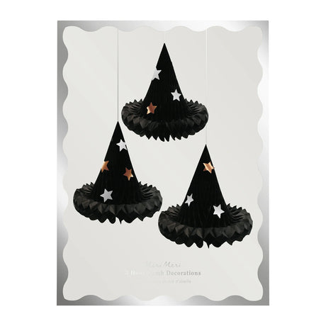 Meri Meri black honeycomb witch hat decorations packaging featuring three star-studded hats.