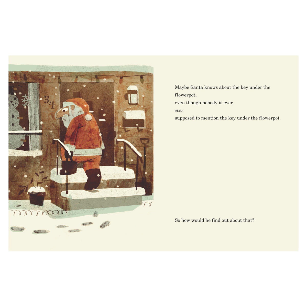 Illustration of Santa Claus walking up snowy porch steps near a flowerpot, from the book "How Does Santa Go Down the Chimney?"