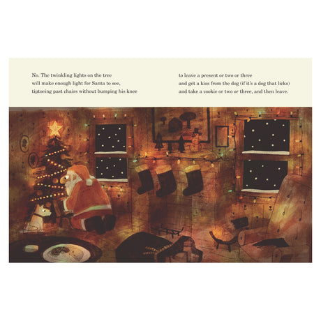 Illustration of Santa Claus tiptoeing by a Christmas tree and fireplace in a cozy living room from a children's book.