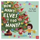 A whimsical book cover features smiling elves in a decorated Christmas tree. A child in a striped sweater holds an ornament, creating a festive, playful mood.