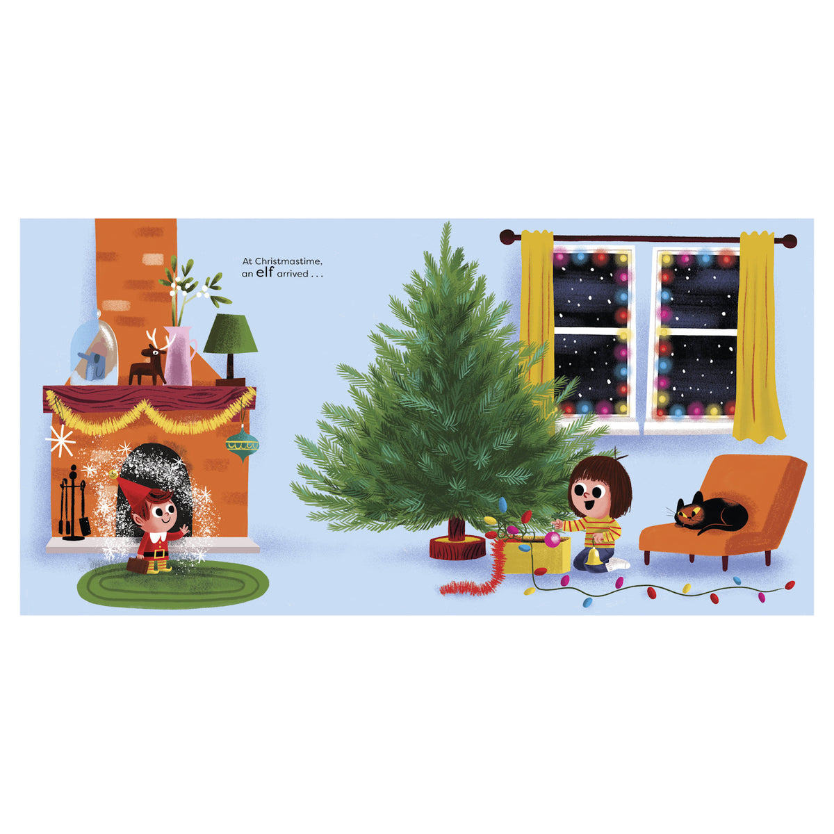 A cozy Christmas scene. An elf stands by a fireplace with a glowing aura. A child near a tree wraps a gift, as a black cat sleeps on an orange chair. Festive, warm ambiance.