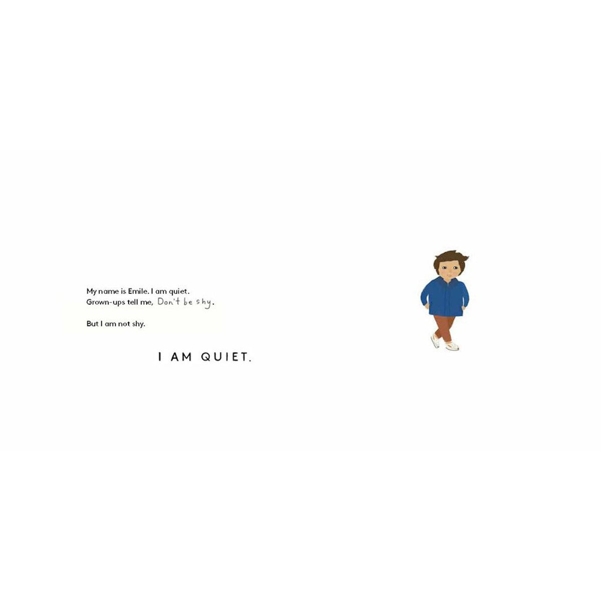 Minimalist illustration of a boy named Emile walking on a white background with text about being quiet but not shy.