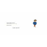 Minimalist illustration of a boy named Emile walking on a white background with text about being quiet but not shy.