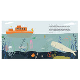 Whimsical children's book illustration of an orange ship on the sea with a whale, jellyfish, and coral underwater.
