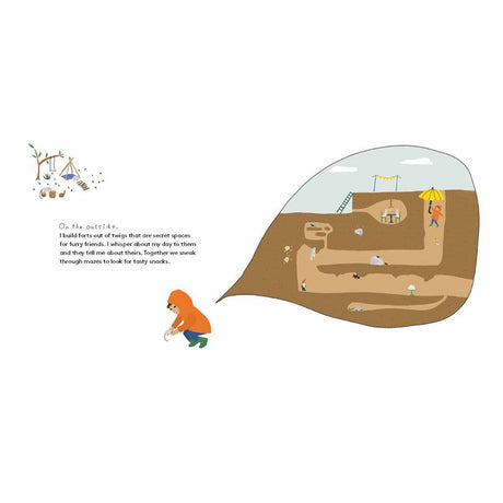 Illustration of a child in an orange hoodie kneeling near an underground maze of tunnels with tiny animals and snacks.