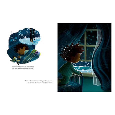 A child lies in bed, eyes closed, dreaming of snow and a fox. The child then looks out the window at a snowy night, conveying curiosity and wonder.